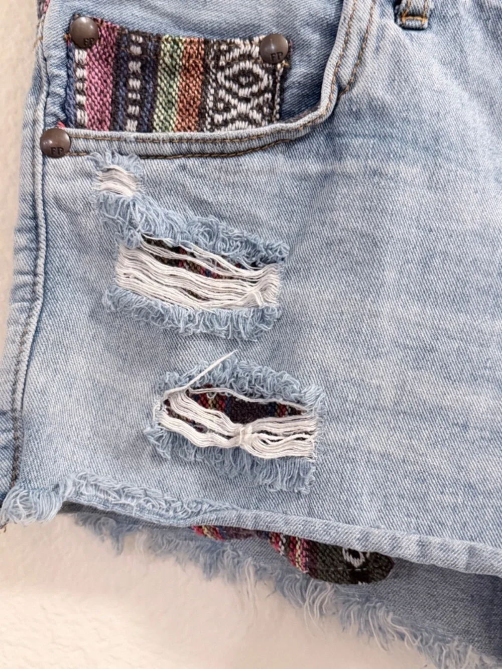 Free People Baja Aztec Distressed Denim Cutoff Shorts Size 29 Boho Festival